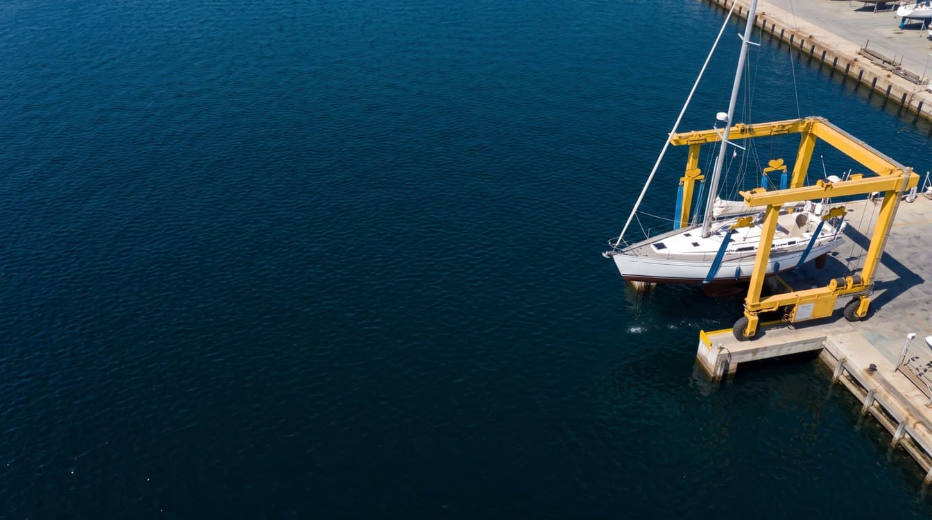 An aerial view in bright midday sun of a white sailing yacht of about 12 metres suspended in the blue slings of a yellow travel lift over the water at a working boatyard quay, its dark antifouled hull and fin keel clear of the surface and still dripping, with deep navy blue harbour water filling the rest of the frame and more boats ashore on the quay behind