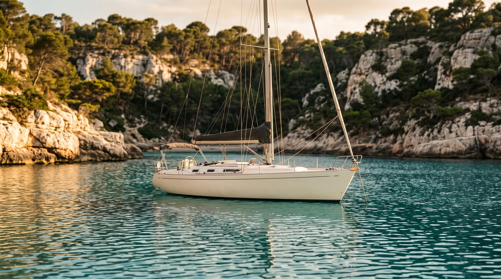 Velero fondeado en una cala mediterránea de aguas turquesa rodeada de acantilados calizos y pinos a la luz dorada del atardecer