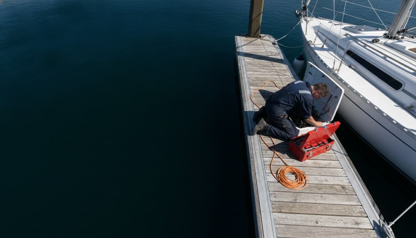A marine engineer in navy workwear kneeling in bright midday sun on the timber pontoon of a British marina, working into the open engine hatch of a white sailing yacht moored alongside, with an open red tool case and a coiled orange extension lead on the boards beside him and deep navy harbour water filling the left of the frame