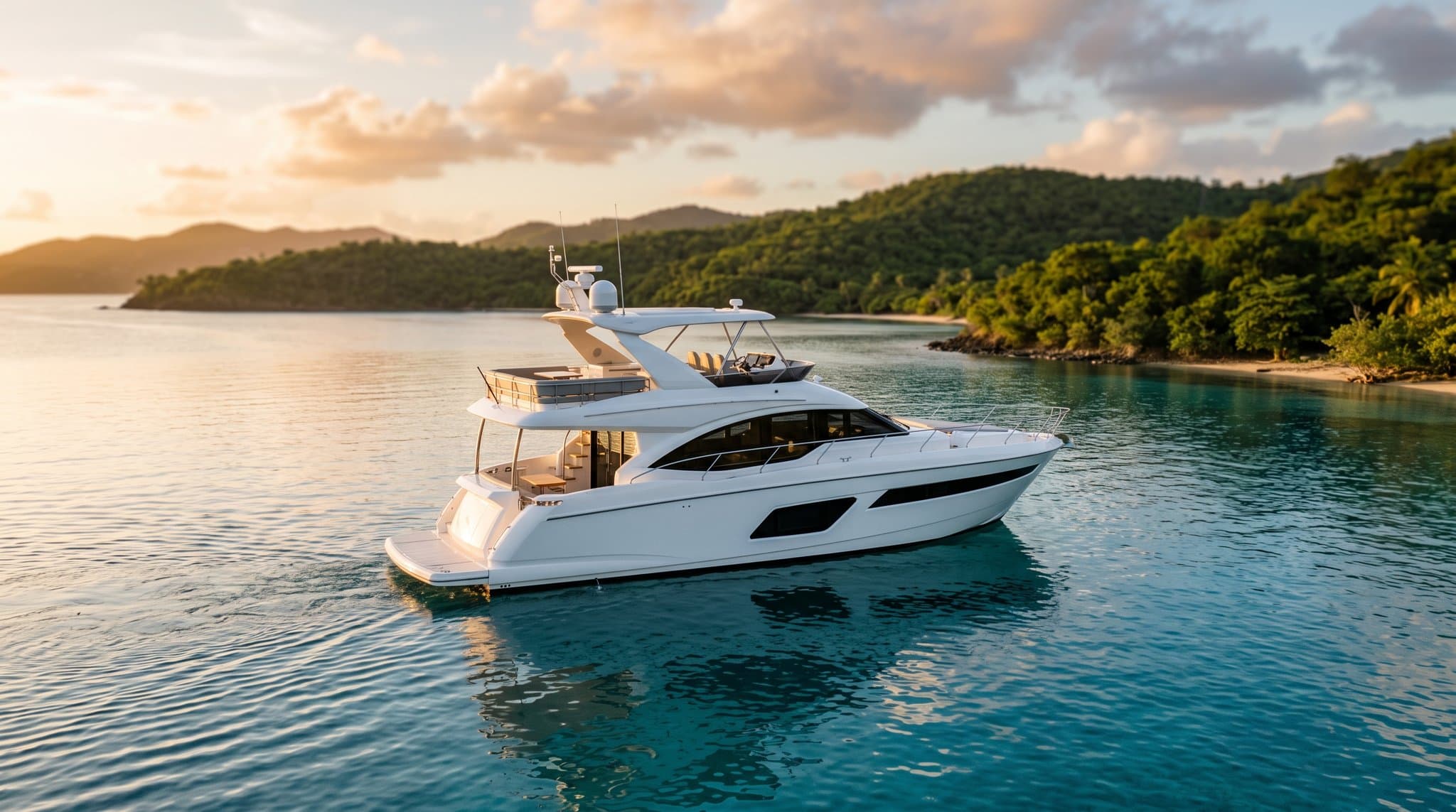 Yate a motor con flybridge fondeado en una cala turquesa de las Baleares al atardecer