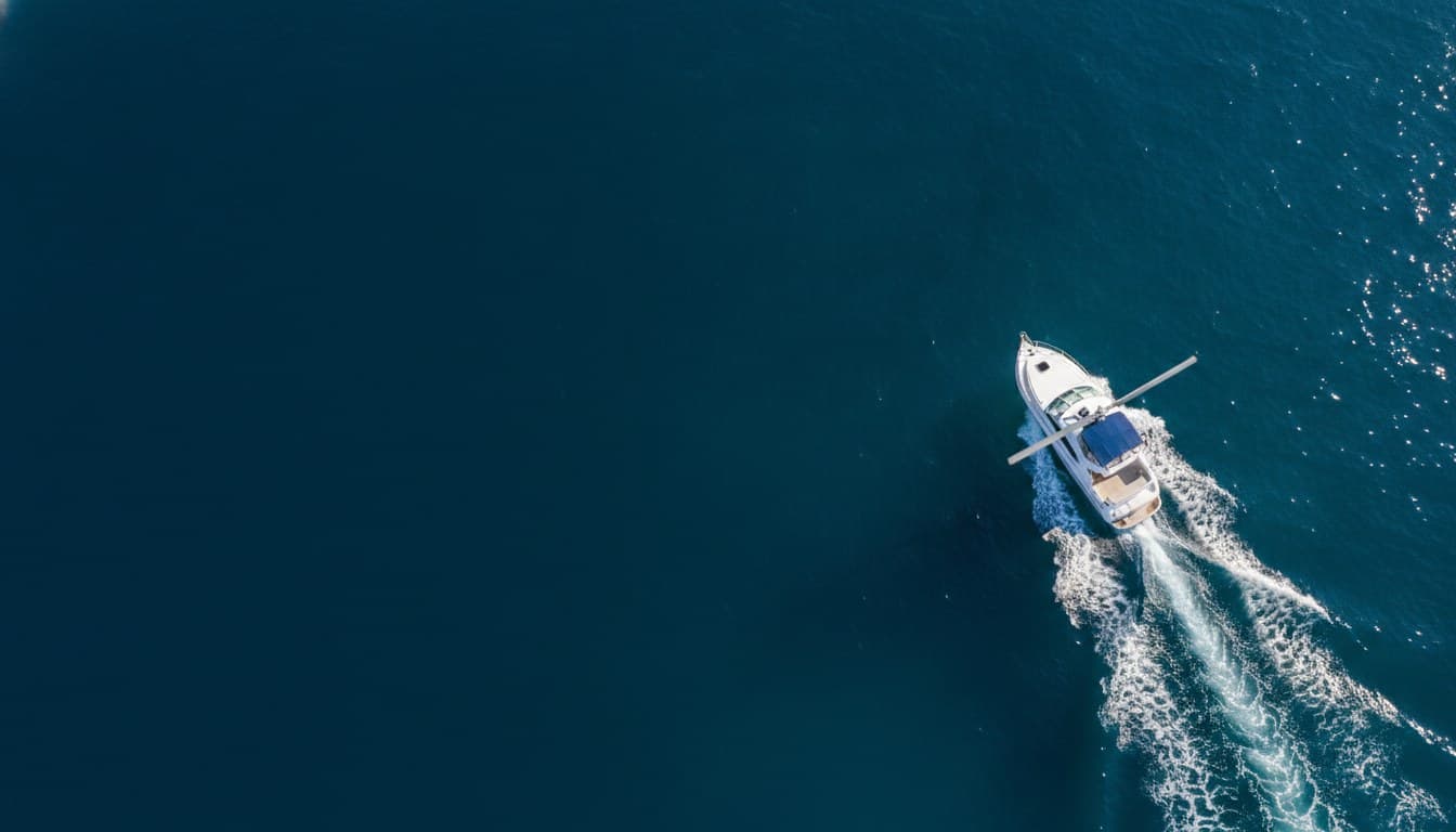 A white flybridge motor cruiser under way in bright midday sun, seen from a high oblique aerial angle over deep blue open water, throwing a broad white wake.