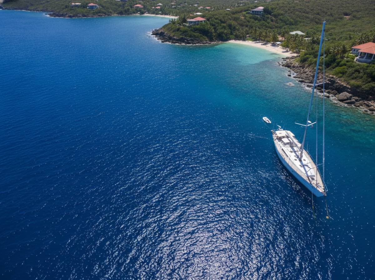 Aerial view of a white sailing yacht lying at anchor over deep blue water in a sunlit Caribbean bay