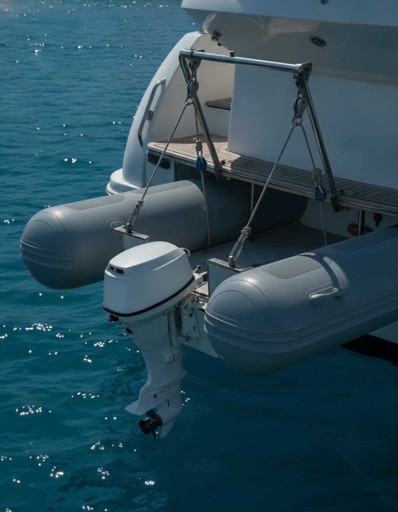 A grey rigid inflatable tender with a small plain outboard hanging on stainless steel davits across the stern of a white motor yacht, above sunlit deep blue water.
