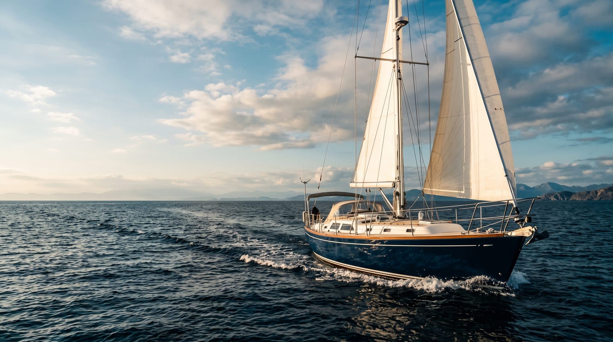 Einrumpf-Fahrtensegelyacht krängt unter vollen Segeln auf offenem blauem Wasser