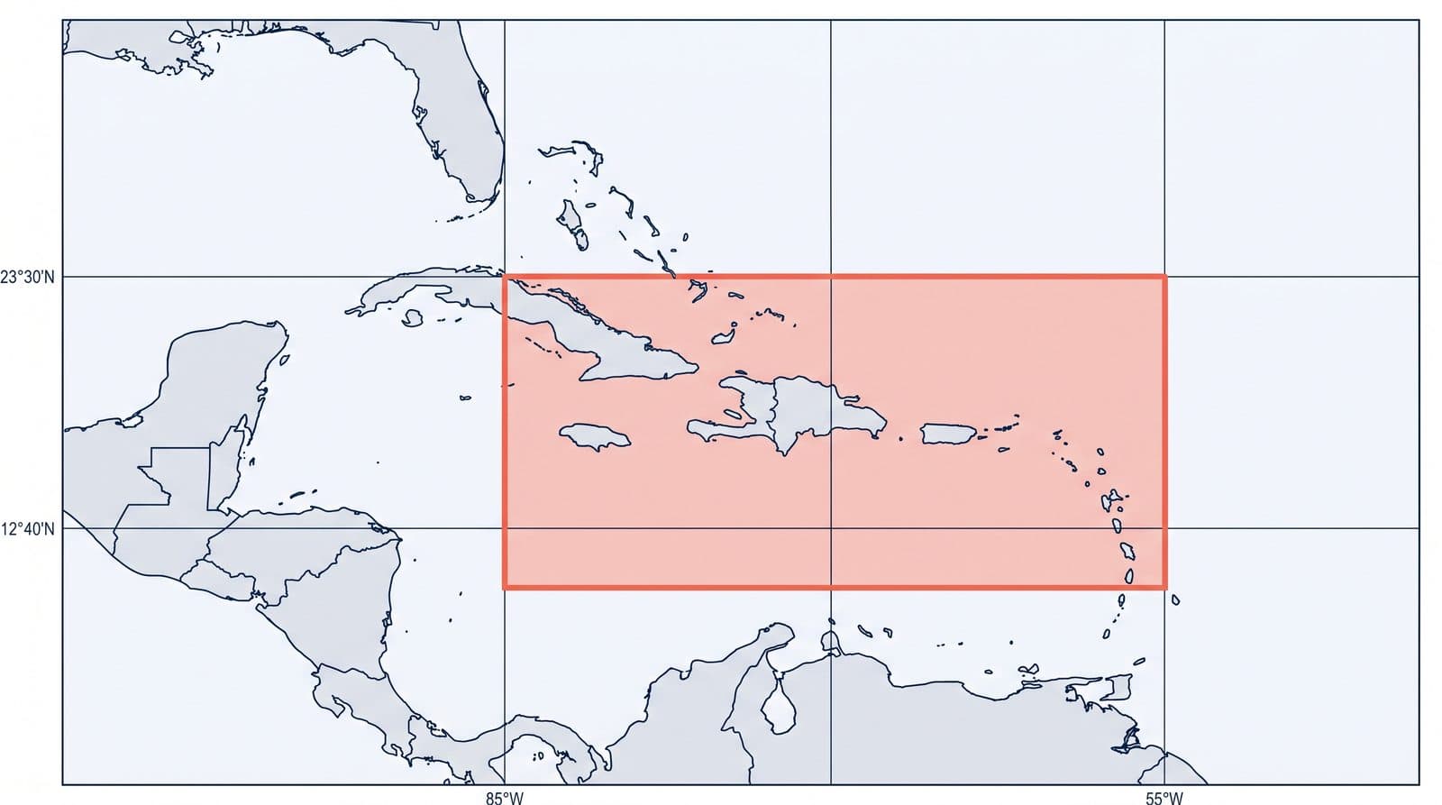 Map of the Caribbean named-storm risk area, 12 degrees 40 minutes to 23 degrees 30 minutes north and 55 to 85 degrees west