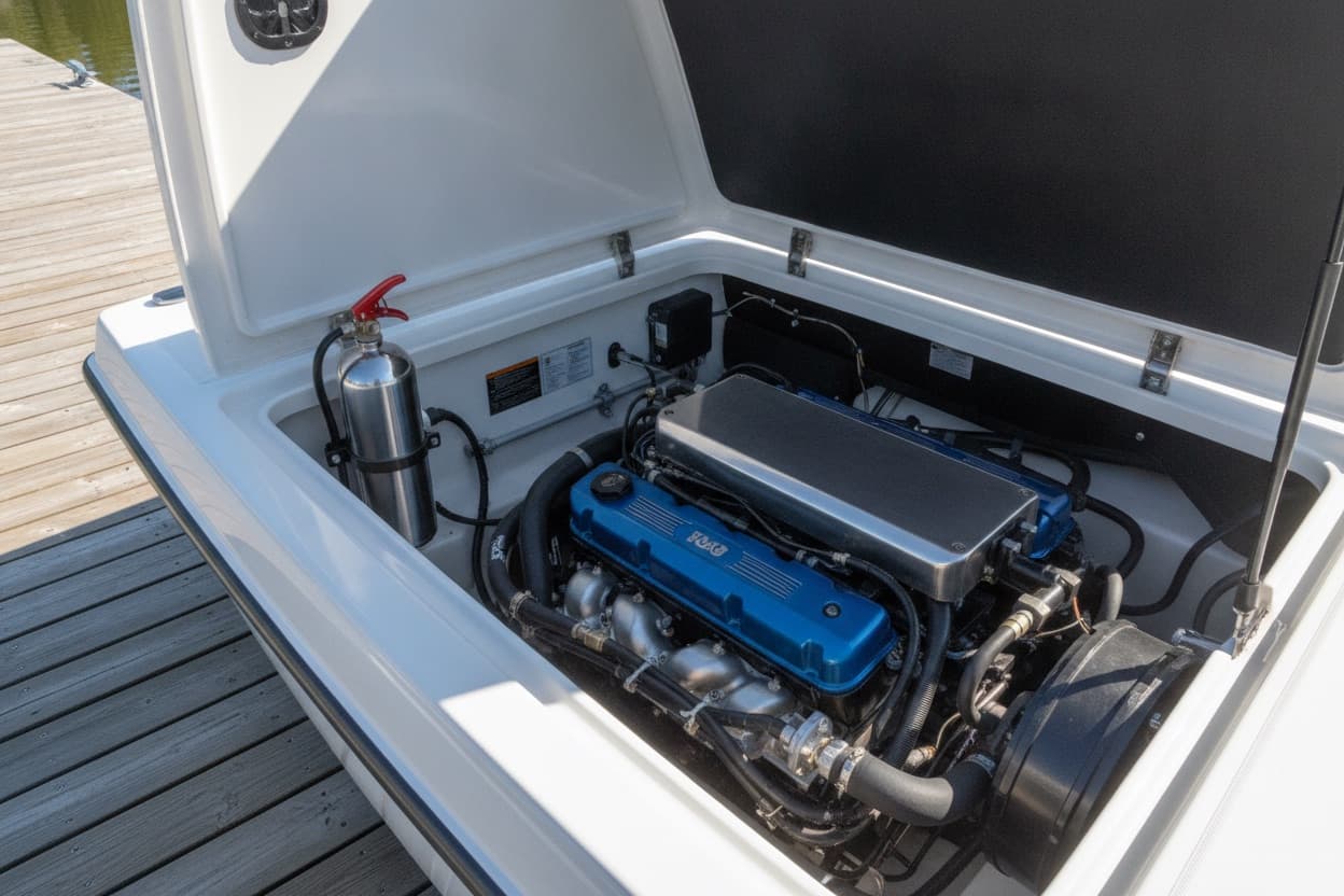 The open engine hatch of a small inboard sports boat on a sunlit pontoon, showing a petrol engine bay with a portable fire extinguisher mounted on a bracket beside the engine.