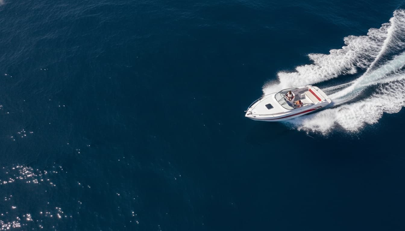 A small white open sports boat planing at speed across deep blue open water in bright midday sun, throwing a broad white wake, seen from a high oblique aerial angle.