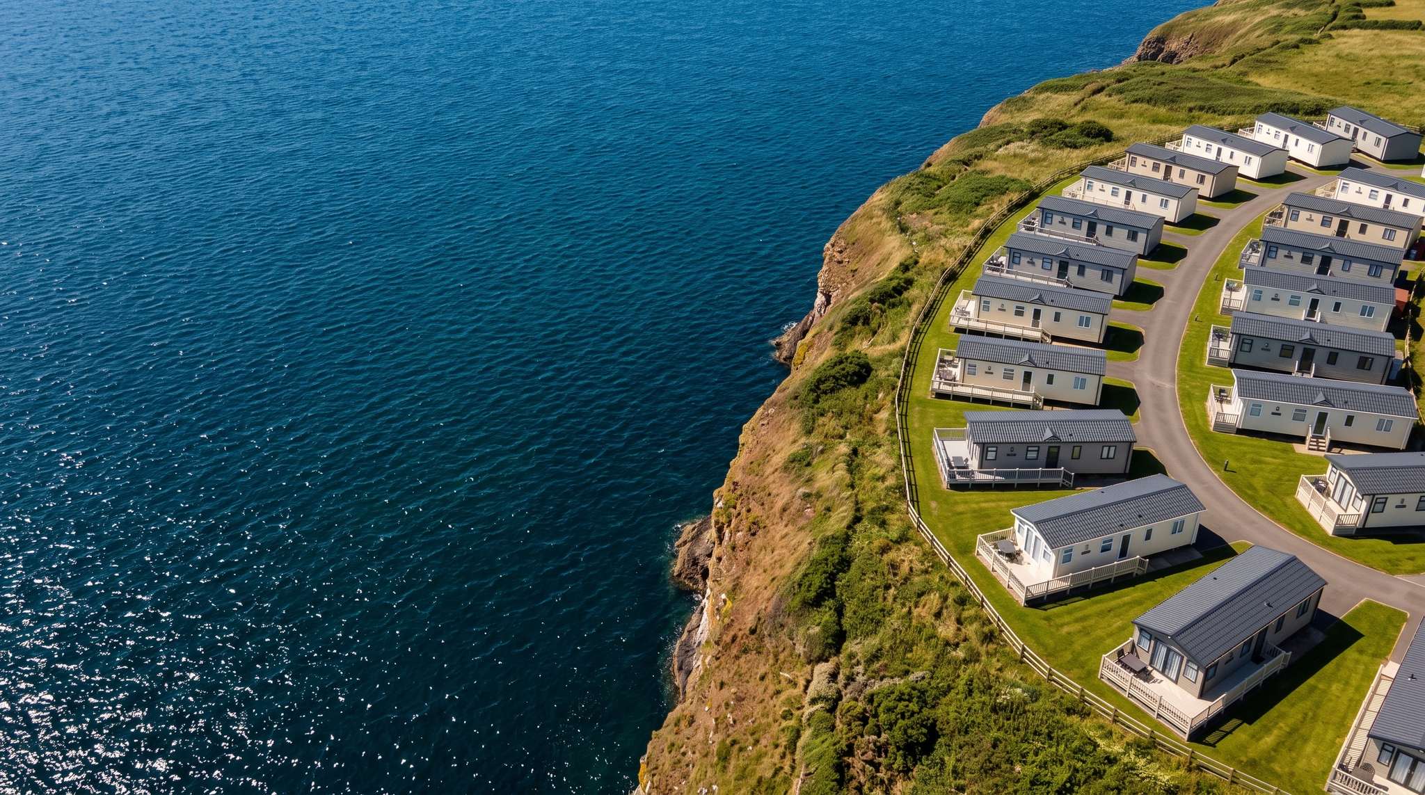 A high oblique aerial view of a row of cream static caravans with grey roofs and private decking on a green clifftop holiday park in bright midday sun, arranged along a curving access road, with deep blue open sea filling the left two thirds of the frame and no sky visible