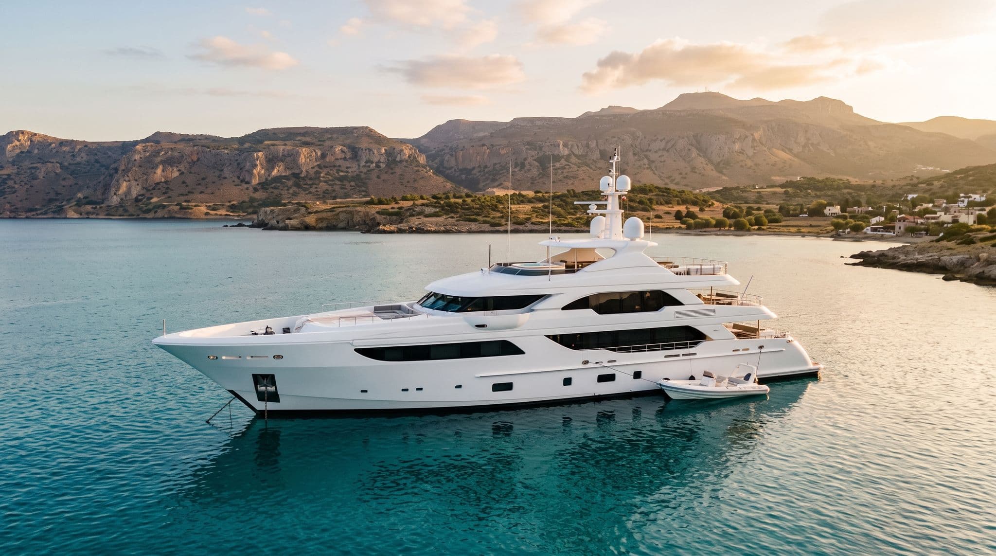 Eine weiße 60-Meter-Motor-Superyacht ankert in einer ruhigen türkisfarbenen Mittelmeerbucht im goldenen Licht, das Beiboot längsseits und eine schroffe Küste in der Ferne