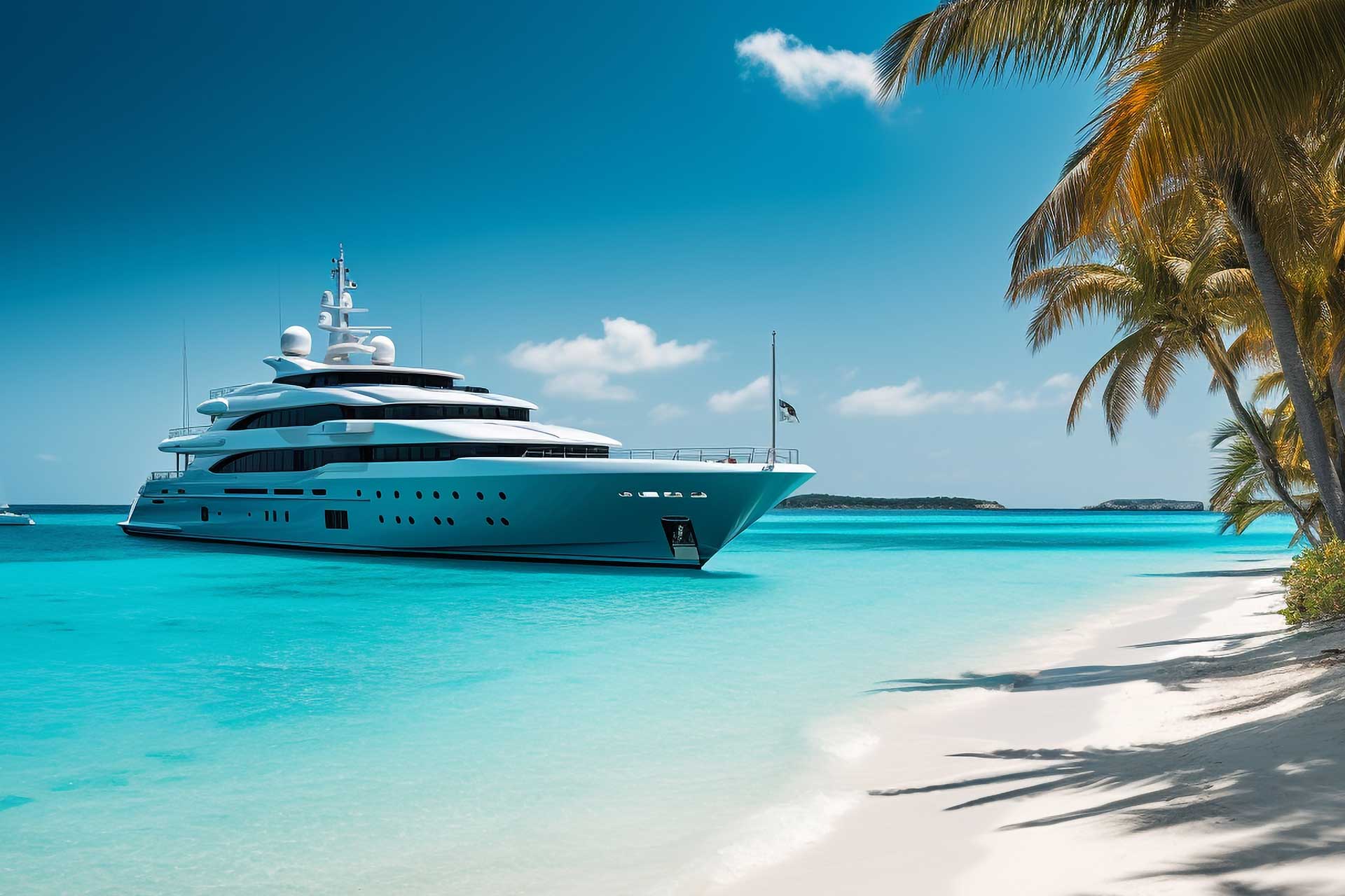 Eine weiße Motor-Superyacht ankert im flachen türkisfarbenen Wasser vor einem weißen Sandstrand, Palmen neigen sich über den Sand
