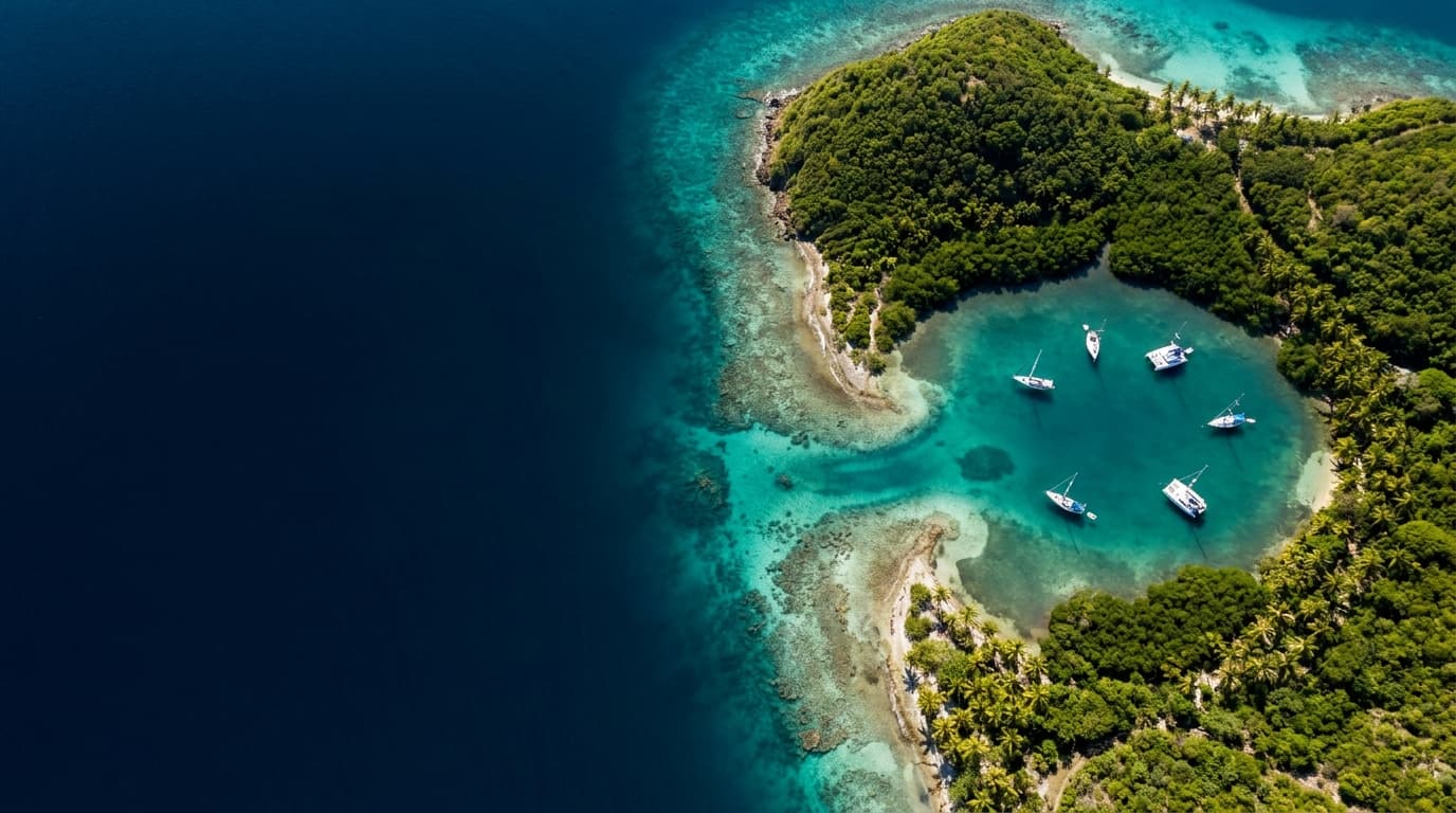 Aerial view of a mangrove-fringed Caribbean hurricane hole in bright daylight, with cruising yachts anchored inside the sheltered basin and deep open water alongside