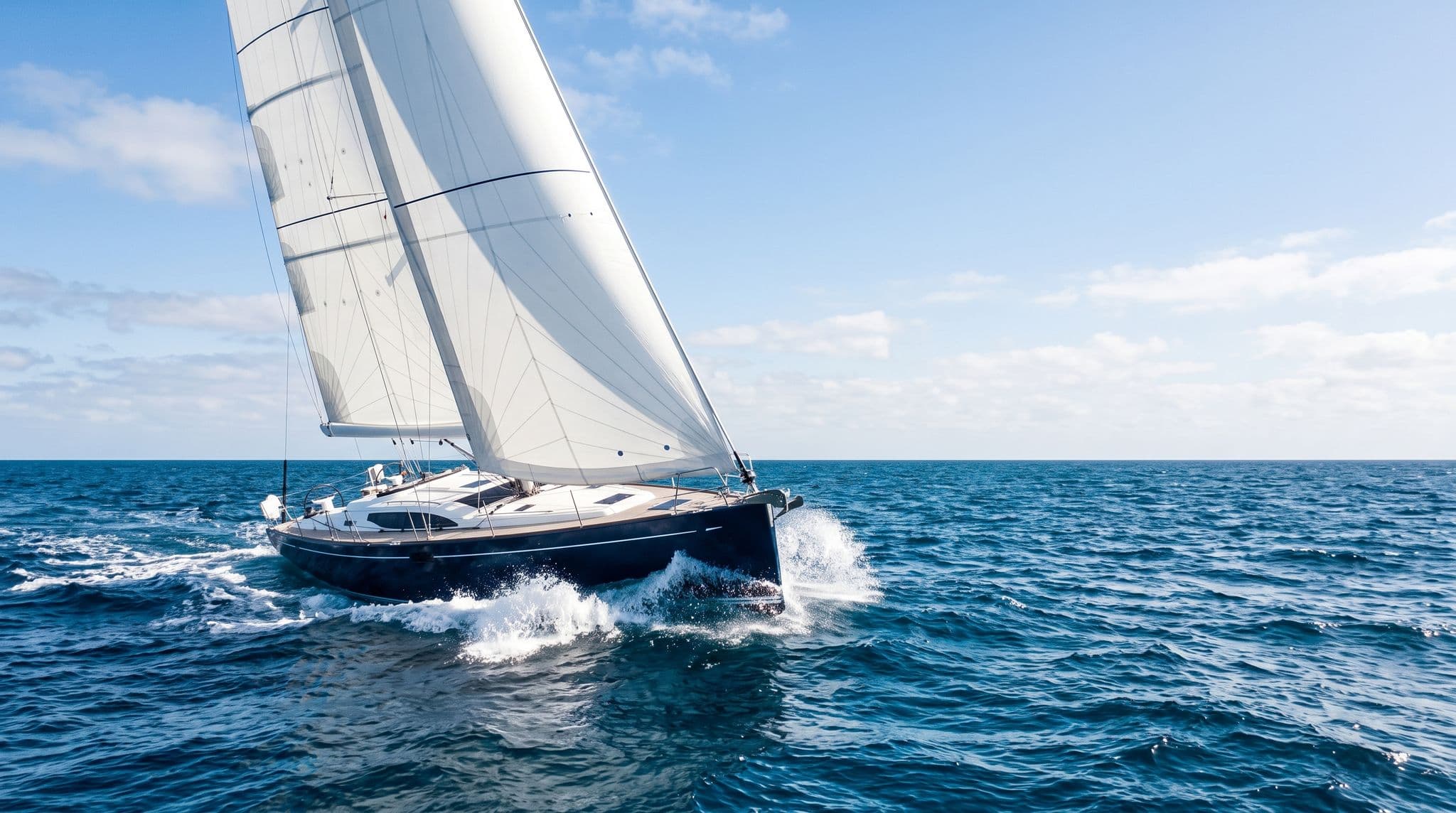 Velero escorado a toda vela en mar abierto azul bajo la luz brillante del mediodia, que representa el crucero de altura en todo el mundo