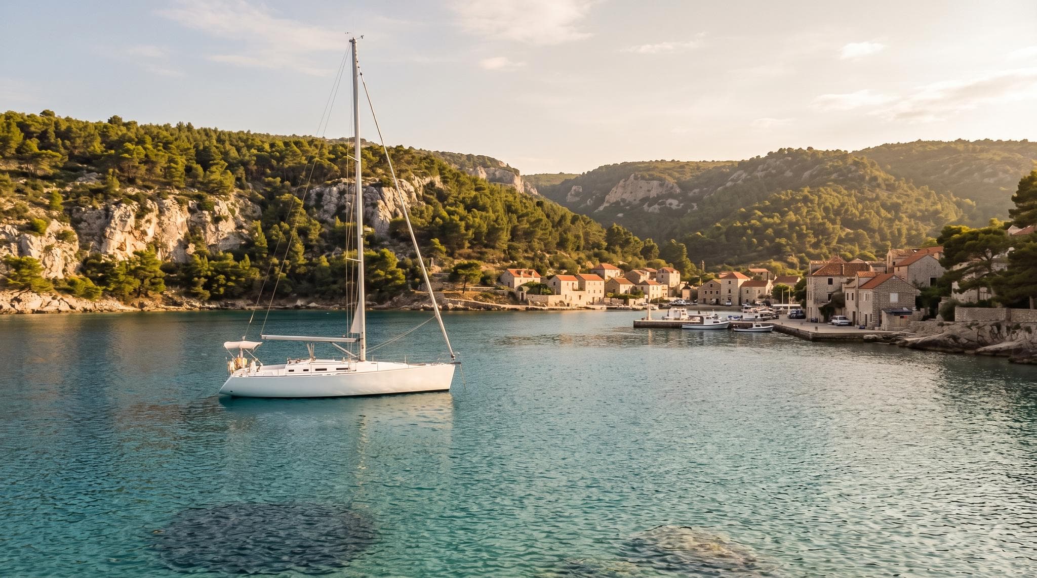 Velero fondeado en una cala dálmata en calma de la costa adriática croata, con una ladera de piedra caliza cubierta de pinos y un pueblo portuario de piedra detrás a la luz dorada del atardecer