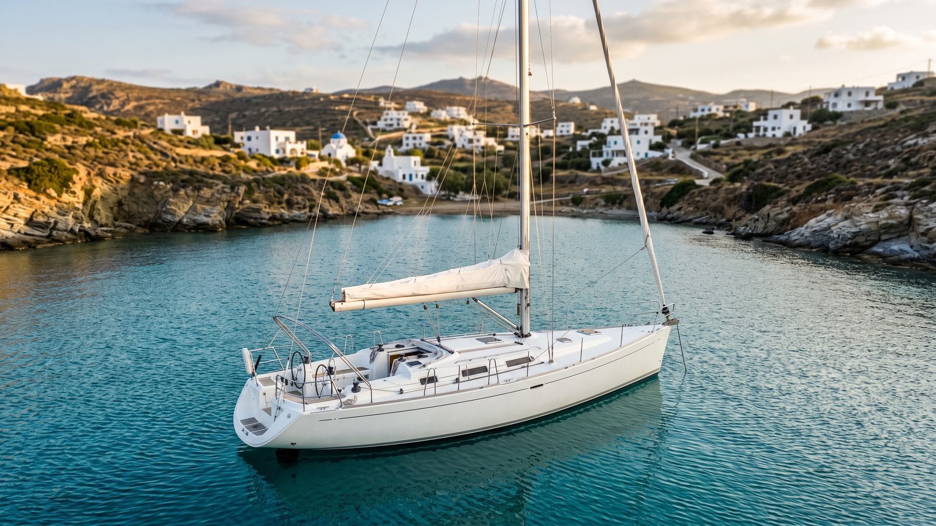Segelyacht vor Anker in einer geschützten griechischen Inselbucht im abendlichen Licht der Ägäis