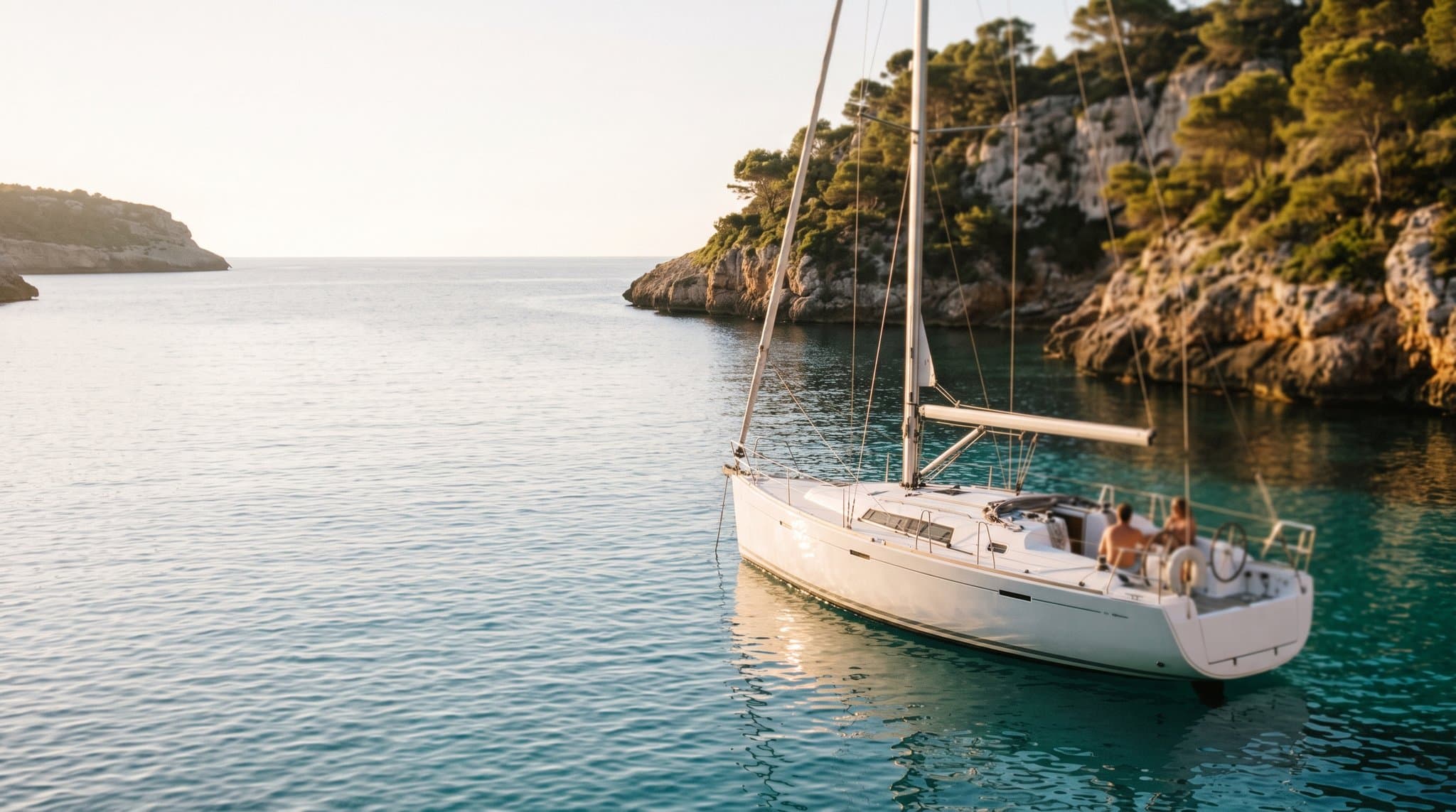 Segelyacht vor Anker in einer türkisfarbenen Bucht auf Mallorca im warmen Nachmittagslicht